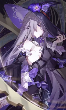 1girl alternate_breast_size artist_name ascot bare_shoulders breasts brown_hair closed_mouth cowboy_shot detached_sleeves fingernails flower from_side hair_ribbon hand_on_own_hat hat hat_flower long_hair looking_at_viewer medium_breasts nail_polish purple_eyes purple_flower purple_nails purple_ribbon ribbon solo very_long_hair white_ascot witch_hat mihan__mihan_art honkai__star_rail honkai__series herta__honkai__star_rail the_herta__honkai__star_rail