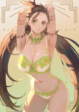1girl alternate_costume armpits arms_behind_head arms_up bare_shoulders bra breasts brown_eyes brown_hair cleavage collarbone facial_mark fate__series fate_grand_order forehead forehead_mark green_bra green_panties grin himiko__fate himiko__first_ascension__fate jewelry large_breasts lingerie long_hair looking_at_viewer low_twintails magatama magatama_necklace mashuu__neko_no_oyashiro navel necklace panties smile solo stomach thighs topknot twintails underwear underwear_only
