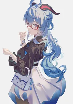 1girl ahoge artist_name bag black_bow black_shirt blue_hair bow breasts elbow_carry frilled_shirt frilled_sleeves frills from_behind glasses handbag high_waist_skirt holding holding_bag horns light_smile long_hair long_sleeves looking_at_viewer looking_back low_ponytail medium_breasts official_alternate_costume ponytail purple_eyes red_framed_eyewear semi_rimless_eyewear shirt shirt_tucked_in sidelocks signature skirt solo turtleneck two_sided_fabric two_sided_skirt white_skirt maria_onnette genshin_impact ganyu__china_merchants_bank__genshin_impact ganyu__genshin_impact