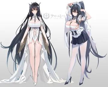 1girl arms_up azur_lane bare_shoulders black_footwear black_hair blush breasts cleavage copyright_name dress flower full_body gradient_background green_eyes hair_lift hair_ornament hand_in_own_hair hands_in_hair high_heels indomitable__azur_lane indomitable__ms__motivationless_maid__azur_lane kincora large_breasts logo long_hair looking_at_viewer maid maid_headdress multiple_views official_alternate_costume pantyhose ponytail simple_background skirt sleeveless sleeveless_dress smile standing turtleneck very_long_hair white_dress white_footwear
