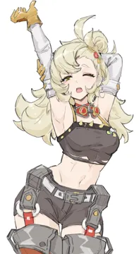1girl arm_up black_shorts blonde_hair breasts crop_top gloves long_hair medium_breasts midriff navel one_eye_closed open_mouth shorts simple_background solo temporal_hairline white_background yawning yellow_gloves kumo33 zenless_zone_zero piper_wheel__zenless_zone_zero