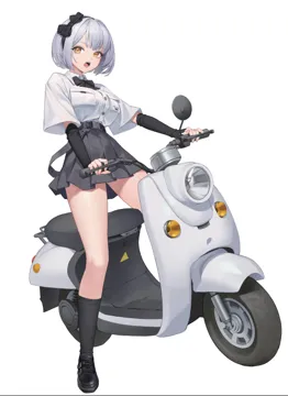 1girl belt black_belt black_bow black_bowtie black_gloves black_hairband black_shoes black_skirt black_socks bob_cut bow bowtie breast_pocket collared_shirt elbow_gloves fingerless_gloves full_body gloves grey_hair hairband looking_at_viewer motor_vehicle on_scooter open_mouth pleated_skirt pocket scooter shirt shoes short_sleeves simple_background skirt socks solo standing teeth white_background white_shirt wide_sleeves yellow_eyes xzu