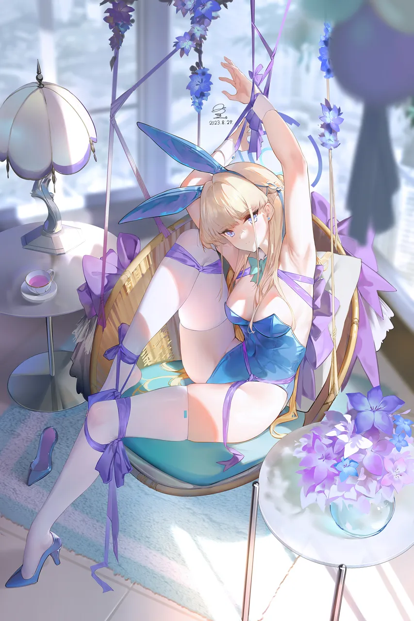1girl animal_ears blonde_hair blue_eyes blue_flower blue_halo blue_leotard bound breasts closed_mouth cup fake_animal_ears flower from_above full_body halo high_heels indoors knee_up lantern leotard long_hair medium_breasts playboy_bunny purple_flower purple_ribbon rabbit_ears ribbon ribbon_bondage shoes single_shoe sitting solo strapless strapless_leotard thighhighs thighs unworn_shoes white_thighhighs ribao blue_archive toki__blue_archive toki__bunny__blue_archive
