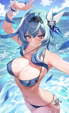 1girl bare_shoulders bikini black_hairband blue_bikini blue_hair blue_sky blush breasts cleavage collarbone eula__genshin_impact genshin_impact hair_ornament hairband large_breasts looking_at_viewer medium_hair navel ocean purple_eyes raijuu__bakanara sidelocks sky smile snowflakes solo swimsuit
