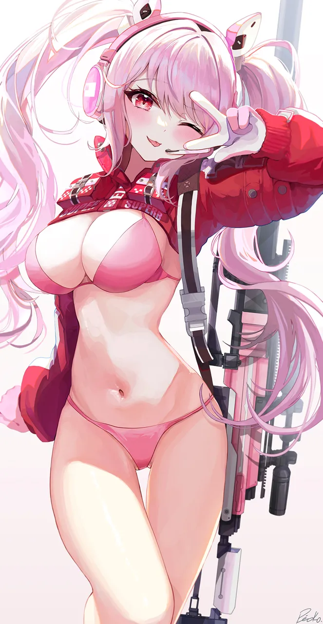 _p 1girl alice__nikke animal_ears bikini blush breasts cleavage clothes_writing cowboy_shot fake_animal_ears gloves goddess_of_victory__nikke gun gun_on_back headphones headset jacket large_breasts long_hair long_sleeves looking_at_viewer navel one_eye_closed pink_bikini pink_gloves pink_hair pioko puffy_long_sleeves puffy_sleeves red_eyes red_jacket rifle shoulder_strap sidelocks signature simple_background smile sniper_rifle solo standing stomach swimsuit thigh_gap tongue tongue_out twintails v_over_eye very_long_hair weapon weapon_on_back white_background