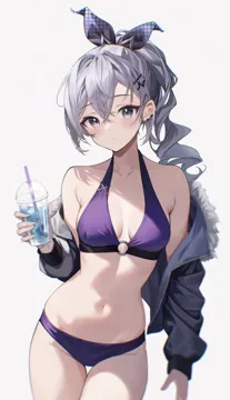 1girl alternate_costume bikini bow breasts cleavage cup disposable_cup drink grey_eyes grey_hair hair_bow hair_ornament hairclip halterneck holding holding_cup holding_drink honkai__series honkai__star_rail jacket long_hair navel o_ring o_ring_top open_clothes open_jacket ponytail purple_bikini silver_wolf__honkai__star_rail simple_background solo soybean__hisoybean stomach swimsuit white_background
