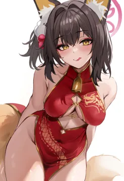 1girl animal_ear_fluff animal_ears bell black_hair blue_archive blush breasts china_dress chinese_clothes collarbone covered_navel cowboy_shot dress eyeshadow fox_ears fox_tail groin halo izuna__blue_archive looking_at_viewer makeup medium_breasts neck_bell pink_eyeshadow pink_halo red_dress short_hair simple_background sleeveless sleeveless_dress solo stone__ksorede tail tongue tongue_out white_background yellow_eyes