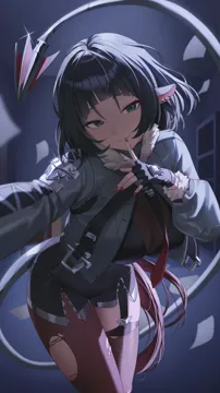 1girl animal_ears black_gloves black_hair black_pantyhose black_shorts closed_mouth dark_background finger_to_mouth fingerless_gloves flying_paper gloves green_eyes grey_jacket jacket long_tail looking_at_viewer mouse_ears mouse_girl mouse_tail open_clothes open_jacket outstretched_arm pantyhose paper shorts shushing single_leg_pantyhose single_thighhigh smile solo tail thighhighs torn_clothes torn_pantyhose torn_thighhighs nasol zenless_zone_zero jane_doe__zenless_zone_zero