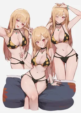 _o 1girl arm_up bead_bracelet beads bikini black_bikini black_choker blonde_hair blush bracelet breasts choker cleavage collarbone cropped_legs crossed_legs fingernails floral_print gradient_hair jewelry kitagawa_marin large_breasts long_fingernails long_hair looking_at_viewer multicolored_hair multiple_views navel necklace one_eye_closed pink_eyes pink_hair print_bikini simple_background sono_bisque_doll_wa_koi_wo_suru sooon standing stomach swimsuit