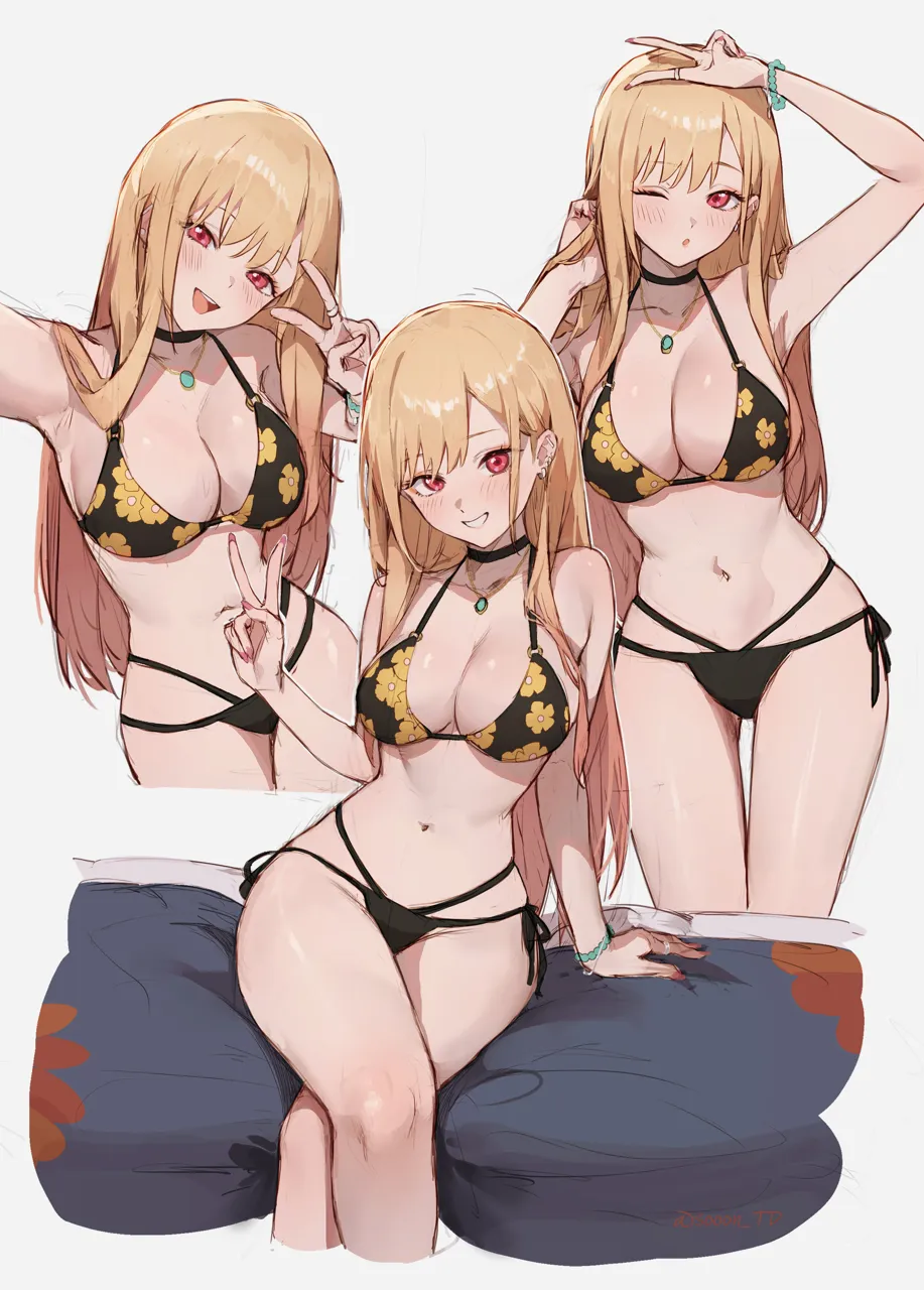 _o 1girl arm_up bead_bracelet beads bikini black_bikini black_choker blonde_hair blush bracelet breasts choker cleavage collarbone cropped_legs crossed_legs fingernails floral_print gradient_hair jewelry kitagawa_marin large_breasts long_fingernails long_hair looking_at_viewer multicolored_hair multiple_views navel necklace one_eye_closed pink_eyes pink_hair print_bikini simple_background sono_bisque_doll_wa_koi_wo_suru sooon standing stomach swimsuit