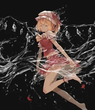 1girl ascot barefoot black_background blonde_hair closed_eyes full_body hat hat_ribbon midriff mob_cap navel petals puffy_sleeves ribbon shirt short_hair short_sleeves side_ponytail simple_background skirt skirt_set solo upskirt vest water white_hat wings mada__shizhou touhou flandre_scarlet__touhou