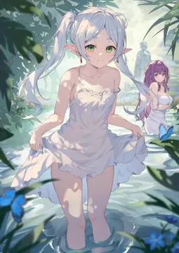 2girls alternate_costume bare_legs bare_shoulders blurry blurry_background breasts bug butterfly closed_mouth clothes_lift dress earrings elf fern__sousou_no_frieren forehead frieren green_eyes himmel__sousou_no_frieren hokori_sakuni jewelry large_breasts long_hair looking_at_viewer multiple_girls nature outdoors parted_bangs pointy_ears purple_eyes purple_hair skirt skirt_lift small_breasts smile sousou_no_frieren statue strap_slip sundress thick_eyebrows thigh_gap thighs twintails very_long_hair wading water white_dress white_hair