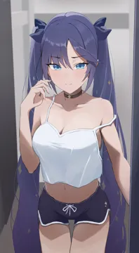 1girl alternate_eye_color black_choker black_shorts blue_eyes breasts camisole choker collarbone dolphin_shorts edible_sus genshin_impact long_hair looking_at_viewer medium_breasts midriff mona__genshin_impact navel purple_hair shorts solo strap_slip thighs twintails very_long_hair white_camisole