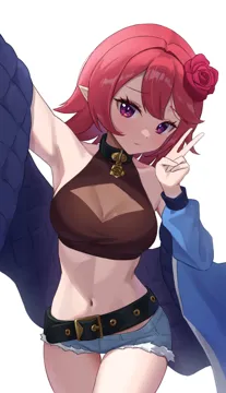 1girl arm_up armpits bare_shoulders belt black_belt black_choker black_collar blue_jacket blue_shorts blush breasts brown_shirt choker cleavage closed_mouth collar cowboy_shot crop_top cutoffs denim denim_shorts flower hair_flower hair_ornament hand_up jacket long_sleeves loose_belt medium_breasts micro_shorts midriff navel off_shoulder open_clothes open_jacket pointy_ears purple_eyes red_flower red_hair red_rose rose see_through_cleavage see_through_clothes shirt short_hair short_shorts shorts simple_background sleeveless sleeveless_shirt solo stomach thigh_gap thighs white_background nasol dungeon_and_fighter female_mage__dungeon_and_fighter summoner__dungeon_and_fighter