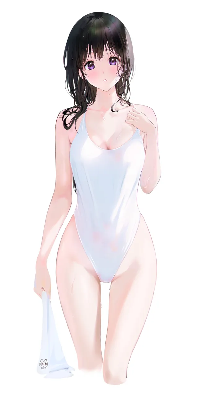 1girl artist_logo black_hair blush breasts casual_one_piece_swimsuit chitanda_eru cleavage collarbone cropped_legs hair_over_shoulder highleg highleg_one_piece_swimsuit holding holding_towel hyouka large_breasts logo long_hair looking_at_viewer mery__yangmalgage one_piece_swimsuit parted_lips purple_eyes simple_background solo strap_pull swimsuit towel wet wet_clothes wet_hair wet_swimsuit white_background white_one_piece_swimsuit