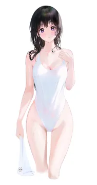 1girl artist_logo black_hair blush breasts casual_one_piece_swimsuit chitanda_eru cleavage collarbone cropped_legs hair_over_shoulder highleg highleg_one_piece_swimsuit holding holding_towel hyouka large_breasts logo long_hair looking_at_viewer mery__yangmalgage one_piece_swimsuit parted_lips purple_eyes simple_background solo strap_pull swimsuit towel wet wet_clothes wet_hair wet_swimsuit white_background white_one_piece_swimsuit