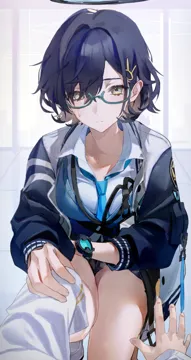 1boy 1girl black_hair blue_necktie blush breasts closed_mouth collared_shirt glasses green_framed_eyewear green_eyes hair_between_eyes hair_ornament halo jacket large_breasts long_sleeves multicolored_jacket necktie rabbit_hair_ornament shirt short_hair two_tone_jacket watch white_shirt wristwatch flatshi blue_archive chihiro__blue_archive