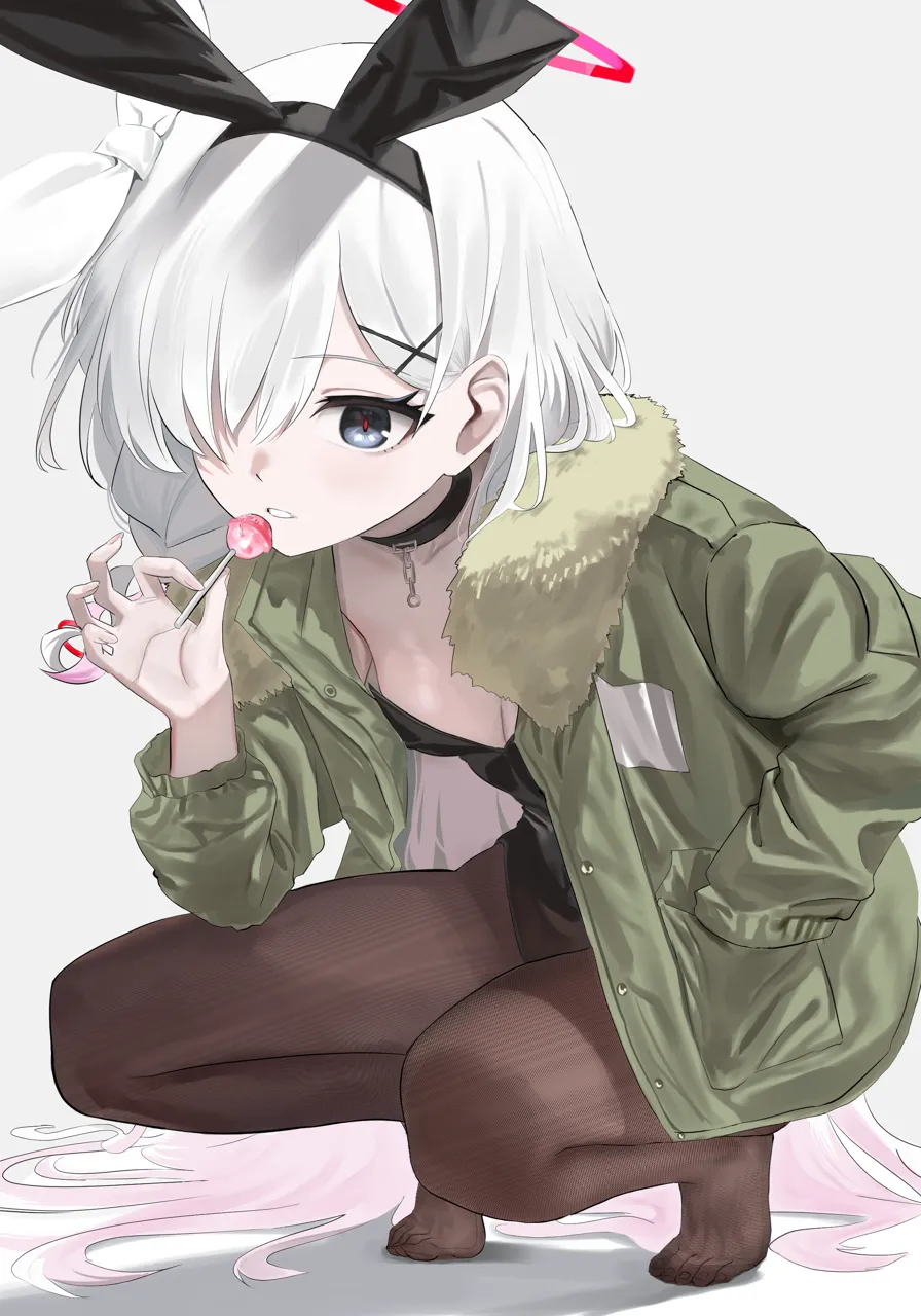 1girl alternate_costume animal_ear_hairband animal_ears black_choker black_hairband black_leotard black_pantyhose candy choker fake_animal_ears food fur_trim green_jacket grey_eyes hair_behind_ear hair_ornament hair_over_one_eye hair_ribbon hair_spread_out hairband hairpin hand_in_jacket holding holding_candy holding_food holding_lollipop jacket leotard lollipop long_hair looking_at_viewer open_mouth pantyhose playboy_bunny rabbit_ear_hairband rabbit_ears ribbon sidelocks squatting very_long_hair white_hair white_ribbon haoma blue_archive plana__blue_archive