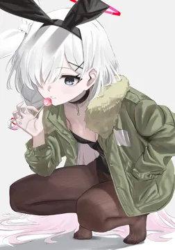 1girl alternate_costume animal_ear_hairband animal_ears black_choker black_hairband black_leotard black_pantyhose candy choker fake_animal_ears food fur_trim green_jacket grey_eyes hair_behind_ear hair_ornament hair_over_one_eye hair_ribbon hair_spread_out hairband hairpin hand_in_jacket holding holding_candy holding_food holding_lollipop jacket leotard lollipop long_hair looking_at_viewer open_mouth pantyhose playboy_bunny rabbit_ear_hairband rabbit_ears ribbon sidelocks squatting very_long_hair white_hair white_ribbon haoma blue_archive plana__blue_archive