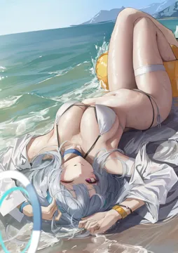 1girl alternate_costume arm_strap arms_up bikini blue_archive breasts grin hair_spread_out halo leviathan__hikinito0902 long_hair looking_at_viewer lying mechanical_halo medium_breasts navel noa__blue_archive ocean one_eye_closed purple_eyes shirt sideboob smile solo stomach string_bikini swimsuit thigh_strap very_long_hair white_bikini white_hair white_halo white_shirt yellow_innertube