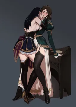 2girls backless_outfit bare_shoulders black_footwear black_hair black_thighhighs blood blush boots breasts brown_hair closed_eyes detached_sleeves full_body garter_straps grey_background high_heel_boots high_heels juliet_sleeves leg_between_thighs long_hair long_sleeves medium_breasts multiple_girls open_mouth puffy_sleeves simple_background sketch tarakanovich thigh_boots thighhighs thighs vampire yuri