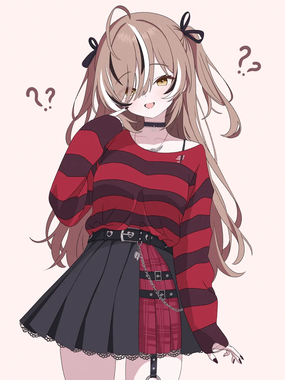 1girl ahoge belt belt_buckle belt_chain black_belt black_choker black_hair black_nails black_ribbon black_skirt blush brown_background brown_eyes brown_hair buckle chain chain_necklace choker collarbone cowboy_shot emo_fashion eyelashes eyes_visible_through_hair fingernails hair_between_eyes hair_over_one_eye hair_ribbon hand_up heart heart_choker heart_pendant index_finger_raised jewelry lace_trimmed_choker lace_trimmed_skirt lace_trim long_fingernails long_hair long_sleeves looking_at_viewer nail_polish necklace o_ring o_ring_thigh_strap official_alternate_costume open_mouth parted_bangs pendant pendant_choker plaid_clothes plaid_skirt pleated_skirt red_skirt red_sweater ribbon sidelocks simple_background skirt sleeves_past_wrists smile solo standing striped_clothes striped_sweater sweater sweater_tucked_in swept_bangs thigh_strap torn_clothes torn_sleeves torn_sweater two_tone_sweater two_side_up virtual_youtuber white_hair ogossi hololive hololive_english nanashi_mumei__hololive nanashi_mumei__emo__hololive