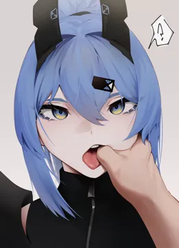 1boy 1girl blue_hair close_up finger_in_another_s_mouth hair_between_eyes hair_ornament hairclip hetero long_hair looking_at_viewer mouth_pull multicolored_eyes open_mouth solo_focus tongue the_atko saki__the_atko