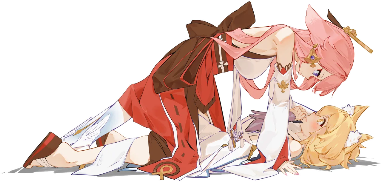 2girls all_fours animal_ear_fluff animal_ears blonde_hair breasts closed_mouth detached_sleeves dress earrings eye_contact fox_ears from_side full_body jewelry kemonomimi_mode long_hair long_sleeves looking_at_another lying medium_breasts multiple_girls nail_polish okobo on_back outline parted_lips pink_hair pink_nails platform_sandals purple_eyes red_skirt sandals shirt simple_background skirt transparent_background white_dress white_shirt yellow_eyes yuri ribao genshin_impact lumine__genshin_impact yae_miko