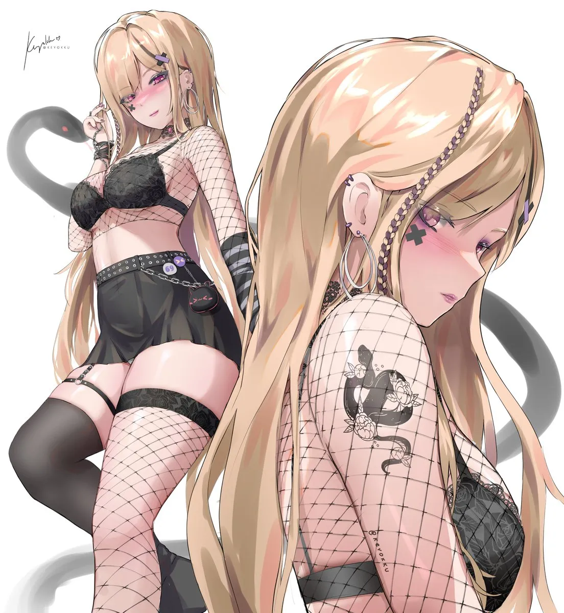 1girl arm_ribbon arm_warmers belt black_belt black_bra black_skirt black_thighhighs blonde_hair blush bra braid breasts chain chain_around_arm earrings fishnet_top fishnets hair_ornament jewelry long_hair nail_polish pink_eyes ribbon side_braid single_arm_warmer single_fishnet_legwear skirt snake solo studded_belt tattoo thigh_strap thighhighs underwear very_long_hair white_background x_hair_ornament keyokku