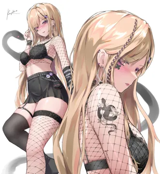 1girl arm_ribbon arm_warmers belt black_belt black_bra black_skirt black_thighhighs blonde_hair blush bra braid breasts chain chain_around_arm earrings fishnet_top fishnets hair_ornament jewelry long_hair nail_polish pink_eyes ribbon side_braid single_arm_warmer single_fishnet_legwear skirt snake solo studded_belt tattoo thigh_strap thighhighs underwear very_long_hair white_background x_hair_ornament keyokku