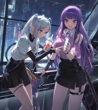 2girls alternate_costume black_skirt blue_eyes blunt_bangs breasts casual contemporary cup detached_sleeves disposable_cup drinking_straw earrings elf grey_hair holding holding_cup jewelry large_breasts layered_shirt long_hair miniskirt multiple_girls pleated_skirt pointy_ears purple_eyes purple_hair skirt straight_hair xzu sousou_no_frieren fern__sousou_no_frieren frieren__sousou_no_frieren