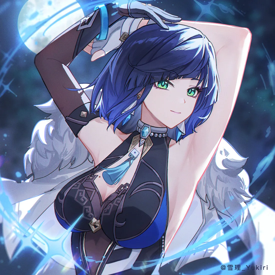 1girl armpits arms_up asymmetrical_gloves bead_choker beads black_hair blue_hair bob_cut breasts diagonal_bangs dice earrings elbow_gloves full_moon gloves green_eyes jacket jacket_on_shoulders jewelry large_breasts medium_breasts mismatched_gloves mole mole_on_breast moon multicolored_hair neck_tassel night short_hair single_elbow_glove smile solo tassel_choker yukiri__l_ii genshin_impact yelan__genshin_impact