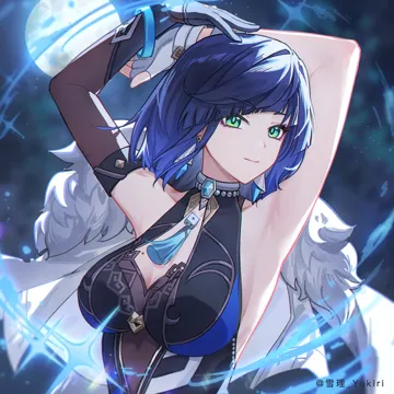 1girl armpits arms_up asymmetrical_gloves bead_choker beads black_hair blue_hair bob_cut breasts diagonal_bangs dice earrings elbow_gloves full_moon gloves green_eyes jacket jacket_on_shoulders jewelry large_breasts medium_breasts mismatched_gloves mole mole_on_breast moon multicolored_hair neck_tassel night short_hair single_elbow_glove smile solo tassel_choker yukiri__l_ii genshin_impact yelan__genshin_impact