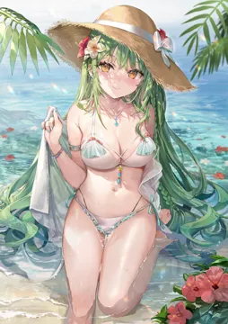 1girl arm_behind_back armlet armpit_crease bangle bare_arms bare_legs bare_shoulders barefoot beads bikini blush bow bracelet braid breasts cleavage closed_mouth crossed_bangs day dot_nose earrings flower frilled_bikini frills green_hair hair_between_eyes hair_flower hair_ornament hand_up hat hat_bow hat_flower hibiscus holding jewelry large_breasts leaf legs_together long_hair looking_at_viewer momoko__momopoco multi_strapped_bikini nail_polish navel necklace off_shoulder outdoors red_flower sand shallow_water shirt side_tie_bikini_bottom sidelocks sitting sitting_on_water smile solo star__symbol stomach straw_hat sun_hat sunlight swimsuit thigh_gap thighs very_long_hair water wavy_hair wet white_bikini white_bow white_shirt yellow_eyes yukari__momoko