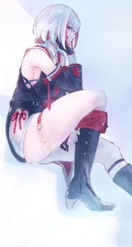 1girl bare_shoulders black_boots black_gloves boots breasts clothing_cutout colored_inner_hair detached_sleeves foot_out_of_frame gloves grey_hair head_rest high_heel_boots high_heels knee_boots large_breasts long_sleeves multicolored_hair purple_eyes red_hair short_hair sideboob solo streaked_hair thigh_cutout sanshoku_dango__shukosuko honkai__star_rail honkai__series topaz__honkai__star_rail