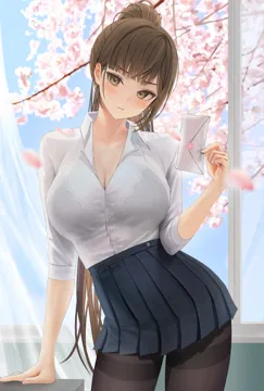 1girl black_bra black_pantyhose blue_skirt blush bra bra_visible_through_clothes breasts brown_eyes brown_hair buttons cherry_blossoms cleavage closed_mouth collared_shirt cowboy_shot curtains day desk dress_shirt heart_stickers holding holding_letter large_breasts leaning_on_table letter long_hair looking_at_viewer love_letter myabit on_desk pantyhose petals pleated_skirt ponytail school_uniform shirt skirt solo underwear white_shirt wind window