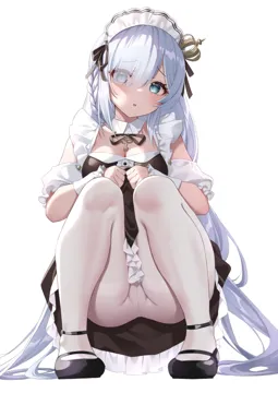 1girl alternate_costume azur_lane black_bow black_dress black_footwear blue_eyes blush bow braid breasts classic__zildjian33 cleavage crotch crotch_seam crown_hair_ornament detached_collar dress enmaided frilled_dress frills grey_hair hair_over_one_eye janus__azur_lane janus__don_t_turn_off_the_lights__azur_lane key long_hair looking_at_viewer maid maid_headdress official_alternate_costume open_mouth pantyhose sidelocks simple_background small_breasts solo squatting thighs very_long_hair white_background white_pantyhose wrist_cuffs