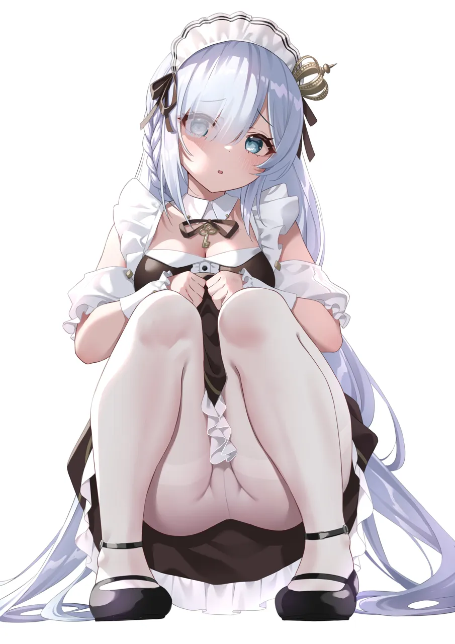 1girl alternate_costume azur_lane black_bow black_dress black_footwear blue_eyes blush bow braid breasts classic__zildjian33 cleavage crotch crotch_seam crown_hair_ornament detached_collar dress enmaided frilled_dress frills grey_hair hair_over_one_eye janus__azur_lane janus__don_t_turn_off_the_lights__azur_lane key long_hair looking_at_viewer maid maid_headdress official_alternate_costume open_mouth pantyhose sidelocks simple_background small_breasts solo squatting thighs very_long_hair white_background white_pantyhose wrist_cuffs