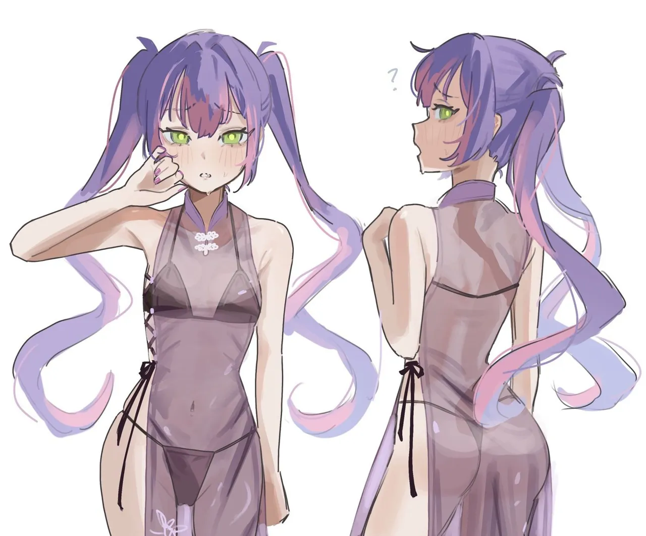 1girl ass blush dress flying_sweatdrops green_eyes long_hair looking_at_viewer multiple_views nail_polish navel panties pelvic_curtain purple_hair see_through see_through_dress side_tie_panties simple_background twintails underwear white_background