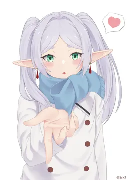 1girl artist_name blue_scarf blush buttons coat double_breasted earrings elf frieren_blowing_a_kiss green_eyes hand_up heart jewelry long_hair long_sleeves looking_at_viewer parted_bangs parted_lips pointy_ears scarf simple_background solo speech_bubble spoken_heart teardrop_earrings twintails upper_body white_background white_coat sasaki3rd sousou_no_frieren frieren__sousou_no_frieren