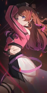 1girl arm_up bare_shoulders belt black_skirt black_tank_top blush braid breasts brown_hair earrings hoop_earrings jacket jewelry long_hair long_sleeves looking_at_viewer midriff off_shoulder pink_belt pink_jacket purple_eyes skirt small_breasts smile solo tank_top thigh_strap jiang_zhuti_jiojio gakuen_idolmaster idolmaster hanami_saki