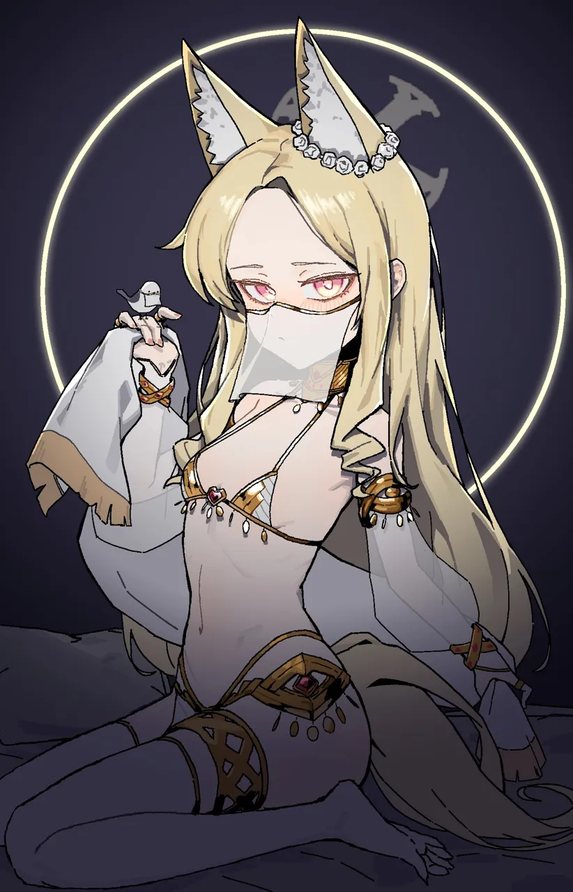 1girl animal_ears bird blonde_hair blush breasts dancer fox_ears halo linea_alba long_tailed_tit long_hair looking_at_viewer navel red_eyes see_through_clothes see_through_sleeves seiza sitting small_breasts solo stole thighhighs tit__bird veil white_bird white_thighhighs white_veil liminal0803 blue_archive seia__blue_archive