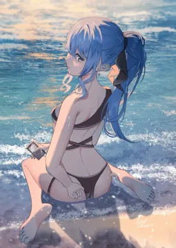 1girl alternate_costume ass barefoot beach bikini black_bikini blue_eyes blue_hair breasts cellphone earphones earrings feet holding holding_phone jewelry legs long_hair looking_at_viewer looking_back musical_note_earrings outdoors phone ponytail single_shoulder_bikini single_strap sitting small_breasts smartphone soles solo star__symbol star_in_eye swimsuit symbol_in_eye toes virtual_youtuber wariza water maria_onnette hololive hoshimachi_suisei__hololive