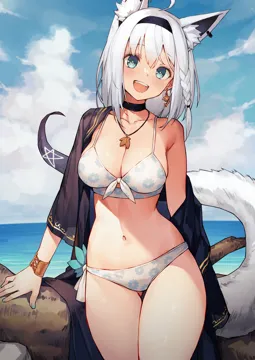 1girl ahoge alternate_costume animal_ear_fluff animal_ears ass_visible_through_thighs asymmetrical_bikini bare_shoulders bikini black_choker black_hairband black_robe blue_nails blush bracelet braid breasts choker cleavage cloud collarbone contrapposto cowboy_shot day dolphin_earrings earrings extra_ears floral_print fox_ears fox_girl fox_tail front_tie_bikini_top front_tie_top gear_print green_eyes hair_between_eyes hairband head_tilt hololive jewelry large_breasts long_hair long_sleeves looking_at_viewer nail_polish navel necklace ocean off_shoulder open_clothes open_mouth open_robe outdoors pentagram robe shirakami_fubuki side_braid side_tie_bikini_bottom single_braid single_earring sky smile solo standing stomach swimsuit swimsuit_cover_up sy4 tail teeth thigh_gap thighs toridamono__style tree upper_teeth_only virtual_youtuber water white_bikini white_hair
