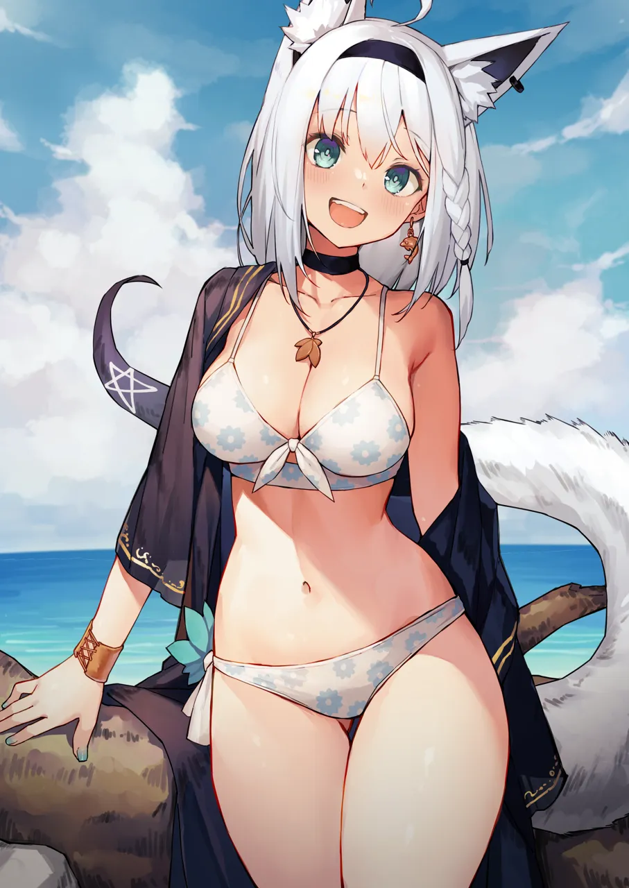 1girl ahoge alternate_costume animal_ear_fluff animal_ears ass_visible_through_thighs asymmetrical_bikini bare_shoulders bikini black_choker black_hairband black_robe blue_nails blush bracelet braid breasts choker cleavage cloud collarbone contrapposto cowboy_shot day dolphin_earrings earrings extra_ears floral_print fox_ears fox_girl fox_tail front_tie_bikini_top front_tie_top gear_print green_eyes hair_between_eyes hairband head_tilt hololive jewelry large_breasts long_hair long_sleeves looking_at_viewer nail_polish navel necklace ocean off_shoulder open_clothes open_mouth open_robe outdoors pentagram robe shirakami_fubuki side_braid side_tie_bikini_bottom single_braid single_earring sky smile solo standing stomach swimsuit swimsuit_cover_up sy4 tail teeth thigh_gap thighs toridamono__style tree upper_teeth_only virtual_youtuber water white_bikini white_hair