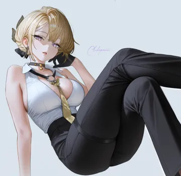 1girl arm_support artist_name bare_shoulders black_choker black_gloves black_pants blonde_hair breasts choker crossed_legs earrings gloves grey_background hair_ornament hair_up half_gloves high_waist_pants jewelry large_breasts looking_at_viewer mole mole_under_eye necktie pants parted_lips purple_eyes sitting sleeveless solo yellow_necktie chokopaii zenless_zone_zero evelyn_chevalier__zenless_zone_zero