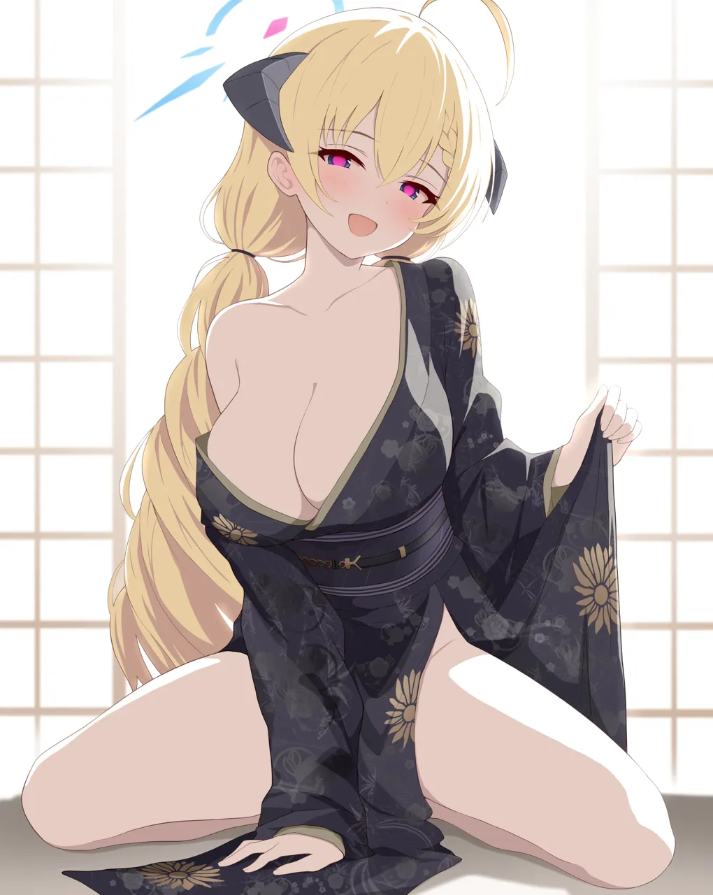 1girl ahoge akari__blue_archive akari__new_year__blue_archive black_kimono blonde_hair blue_archive blue_eyes blue_halo blush breasts cleavage collarbone demon_horns grey_horns hair_between_eyes halo horns japanese_clothes kimono large_breasts long_hair long_sleeves looking_at_viewer obi official_alternate_costume open_mouth pink_pupils sash shouji sliding_doors smile solo wide_sleeves yousui