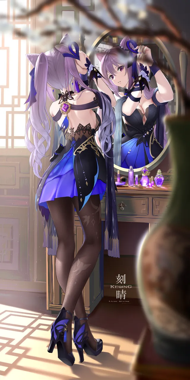 1girl artist_name back bare_shoulders black_dress black_pantyhose blue_skirt breasts character_name cleavage cone_hair_bun double_bun drawer dress full_body genshin_impact hair_bun hair_ornament high_heels keqing__genshin_impact keqing__opulent_splendor__genshin_impact kokuusinsin large_breasts legs long_hair mirror pantyhose purple_eyes purple_hair reflection skirt solo standing swept_bangs twintails tying_hair vision__genshin_impact