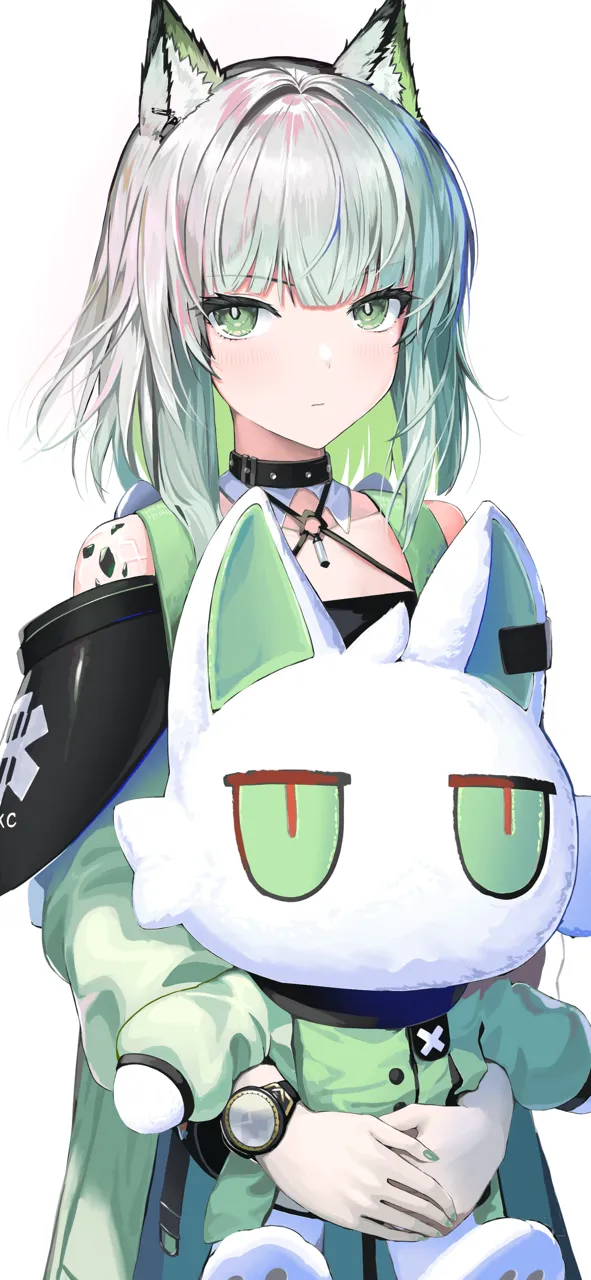 1girl animal_ears cat_ears cat_girl character_doll closed_mouth colored_inner_hair cowboy_shot doll dress expressionless green_dress green_eyes green_hair green_nails grey_hair holding holding_doll long_sleeves material_growth medium_hair multicolored_hair oripathy_lesion__arknights simple_background solo watch white_background wristwatch pi__p77777778 arknights kal_tsit__arknights
