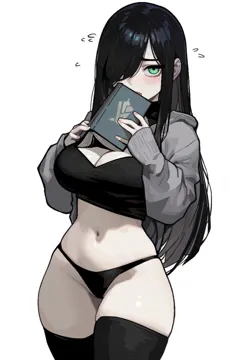 1girl aria_wintermint black_hair black_panties book borrowed_character breasts green_eyes hair_over_one_eye long_hair navel pale_skin panties rusellunt simple_background solo stomach the_crawling_city thick_thighs thighs thong underwear white_background